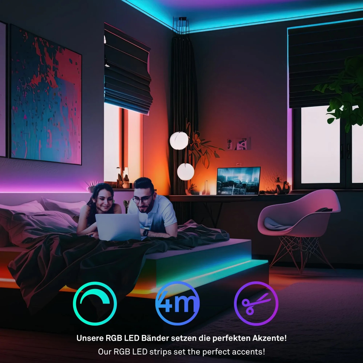 Briloner LED-Band Erweiterung mit RGB/W im Schlafzimmer, stimmungsvolle Beleuchtung.