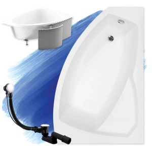 Weiße KOLMAN Acryl Eckbadewanne 130x85 cm, rechts, mit Styroporverkleidung und Ablauf.