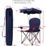 Blauer faltbarer Campingstuhl mit Sonnenschutz, Getränkehaltern und Tragetasche, daneben zusammengeklappt.