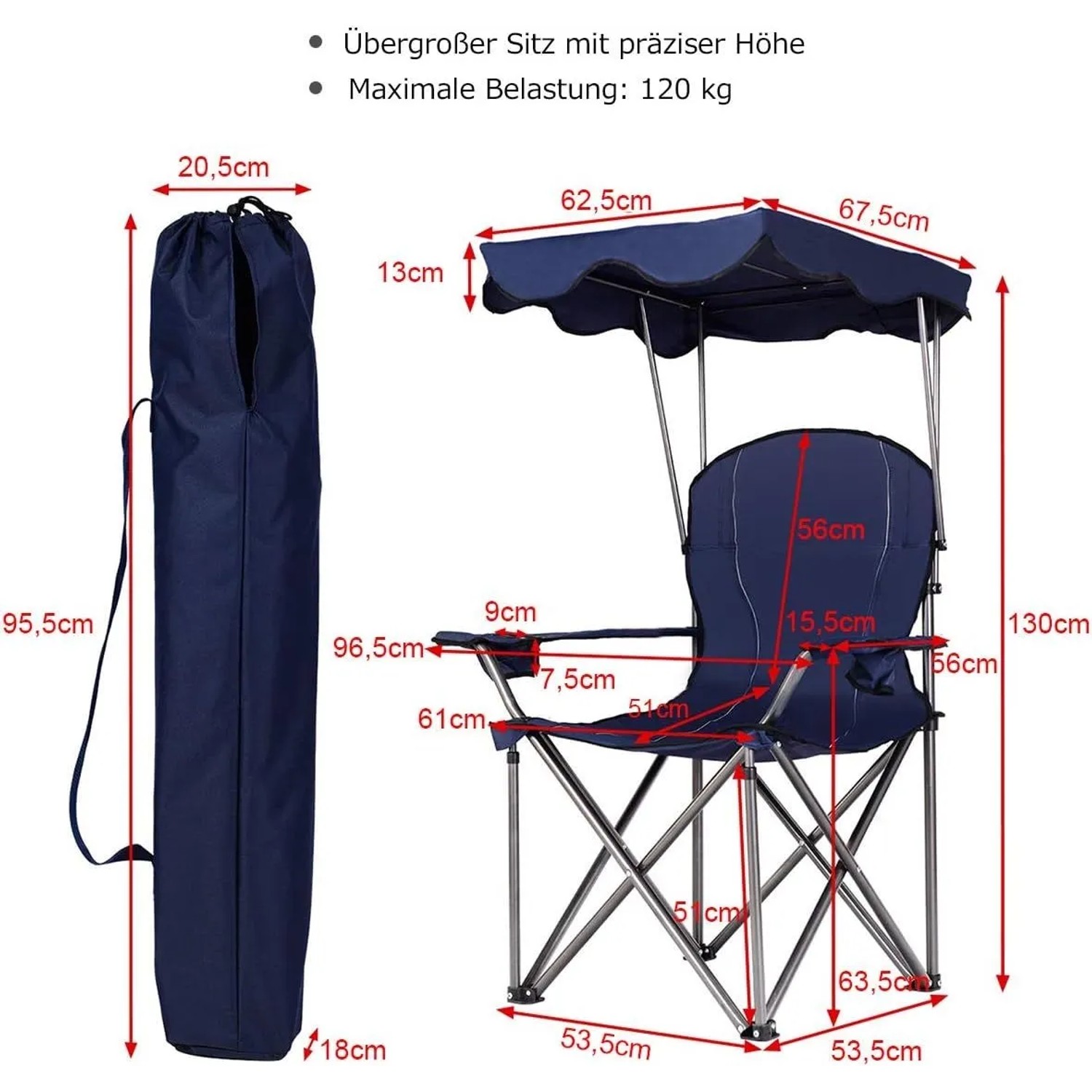 Blauer faltbarer Campingstuhl mit Sonnenschutz, Getränkehaltern und Tragetasche, daneben zusammengeklappt.