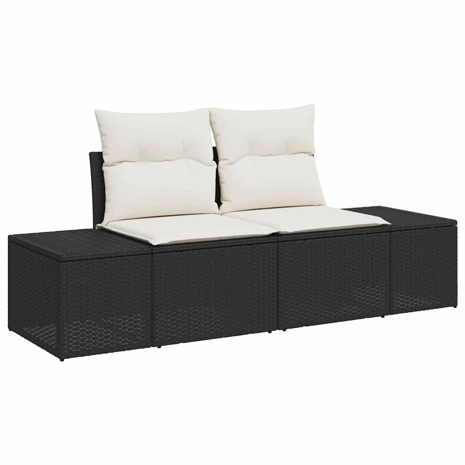 Schwarzes 6-tlg. vidaXL Garten-Sofa-Set aus Poly Rattan mit weißen Kissen.