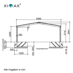 Technische Zeichnung: Ximax Alu Doppelcarport Linea Typ 110, Maße und Fundamentdetails.