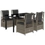 Graue 5-tlg. Garten-Essgruppe aus Polyrattan mit Tisch und Stühlen inklusive Kissen.