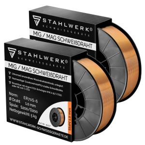 STAHLWERK Schweißdraht, 2 Rollen à 5 kg, Ø 1,0 mm, Stahl SG2 ER70S-6 für MIG/MAG Schweißgeräte.