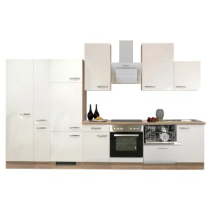 Flex-Well Exclusiv Küchenzeile Valero, 360 cm, Hochglanz Weiß mit E-Geräten und Spüle.