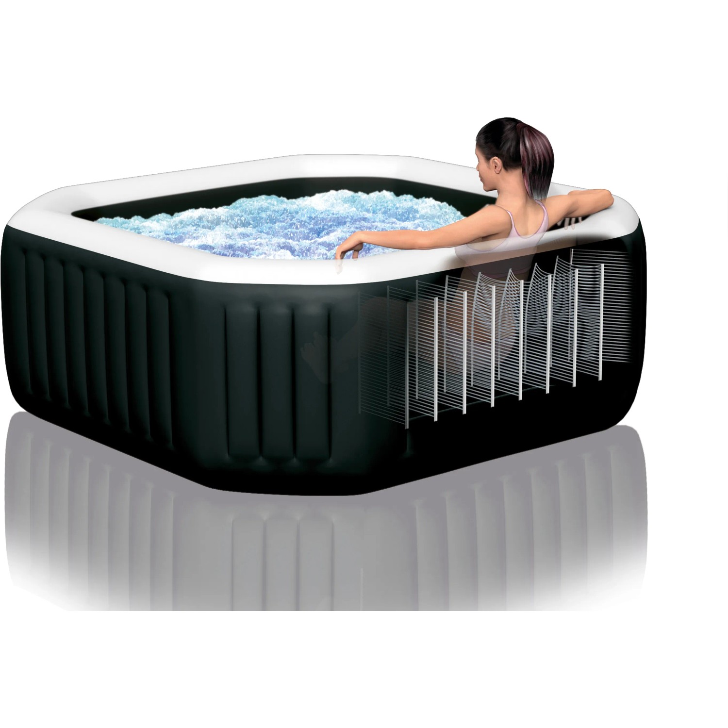 Schwarzer Intex Whirlpool PureSPA Bubble Jet Octagon mit Frau im Wasser.