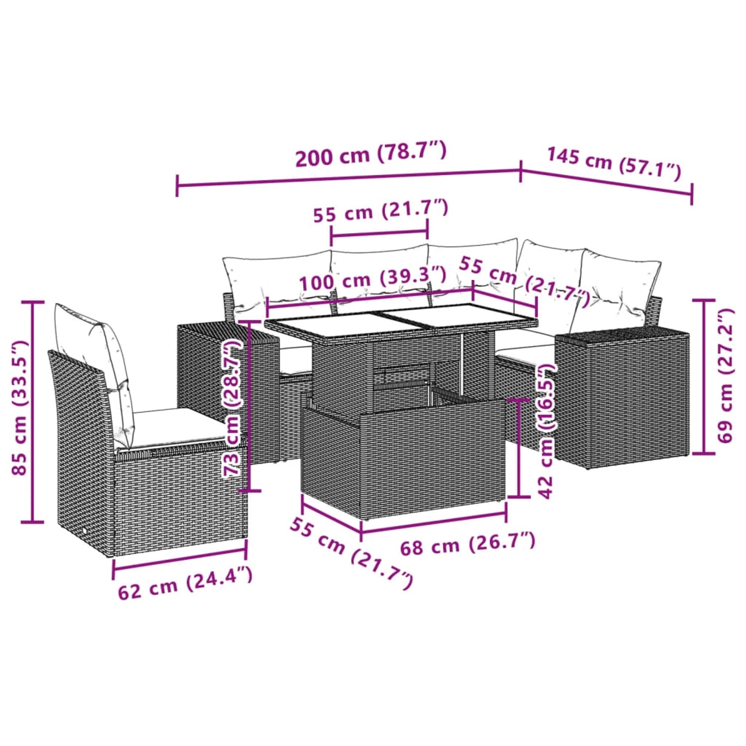 vidaXL 6-tlg. Garten-Sofagarnitur Grau Poly Rattan mit Maßen. Ideal für Terrasse und Garten.