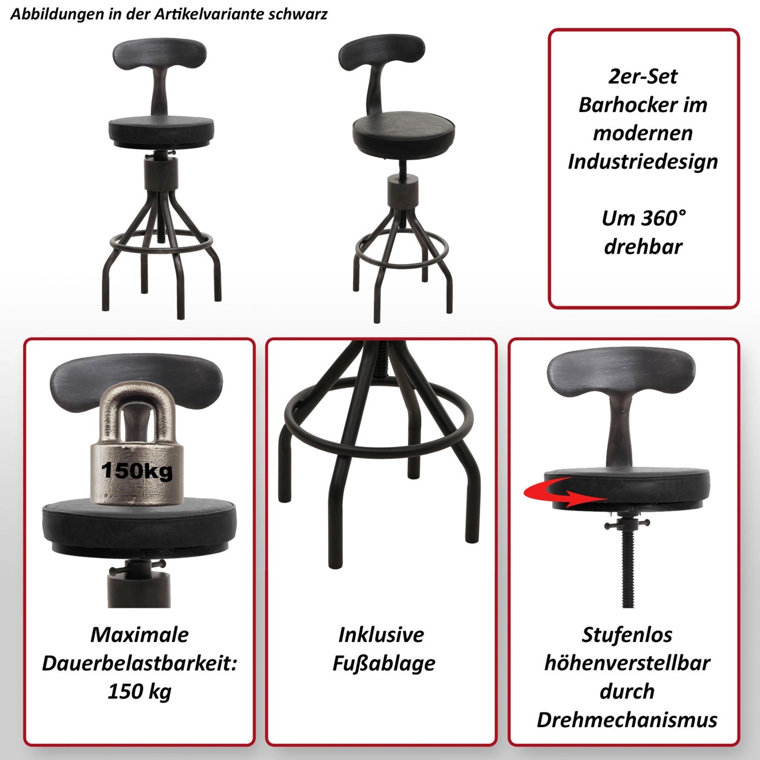 2er Set braune Barhocker N22 im Industrie Design, drehbar und höhenverstellbar mit Fußablage.