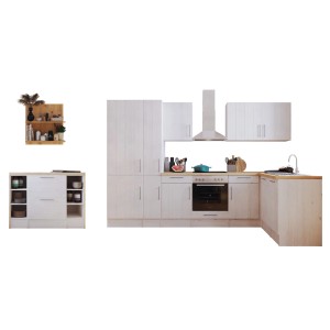 Respekta Landhaus Winkelküche Anton in Lärche Weiß mit Kücheninsel und Elektrogeräten.