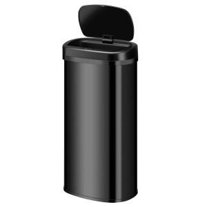Schwarzer Juskys Mülleimer mit Sensor, 70L, rechteckig, Deckel geöffnet.