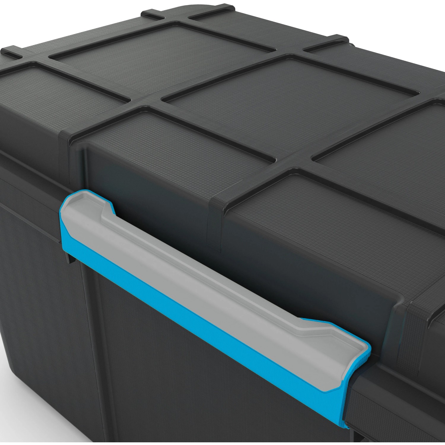 Schwarze Aufbewahrungsbox Scuba L mit Rollen und grau-blauem Griff am Deckel.