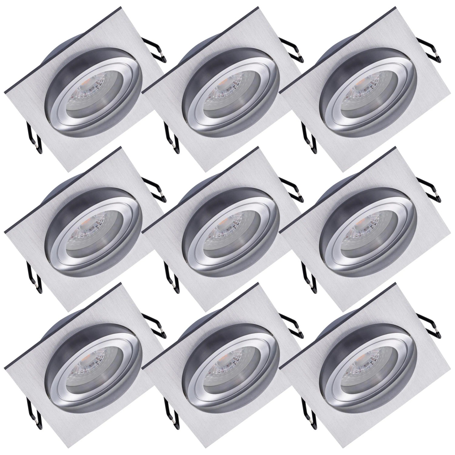 Oktaplex Lyon 9er Set LED-Einbaustrahler in 3 Stufen Dimmbar Schwenkbar Eckig Alu Gebürstet Warmweiß 2700K 230V Ø 80 mm