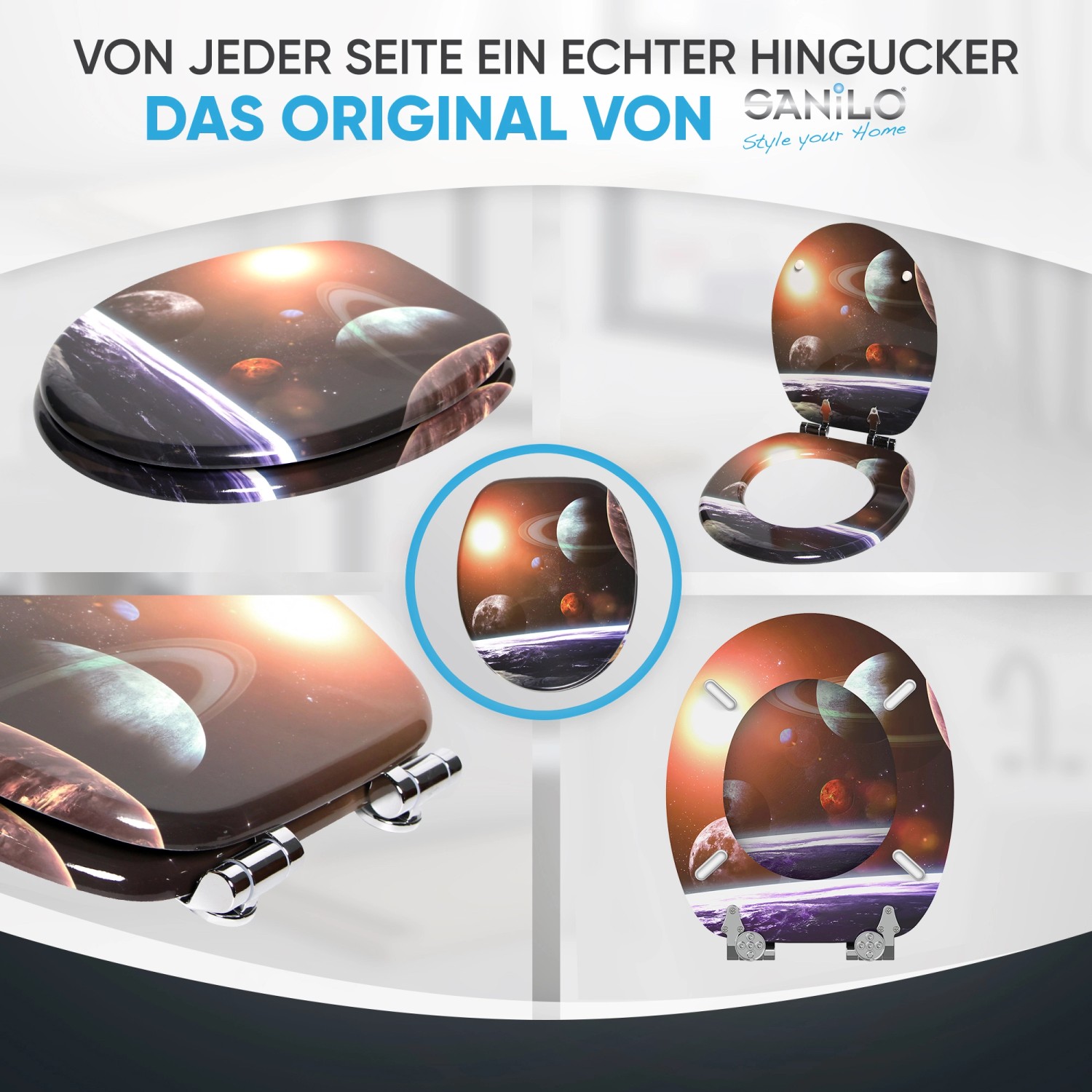 Sanilo WC-Sitz Planeten mit Absenkautomatik, Holz Toilettendeckel mit Weltraum Motiv.
