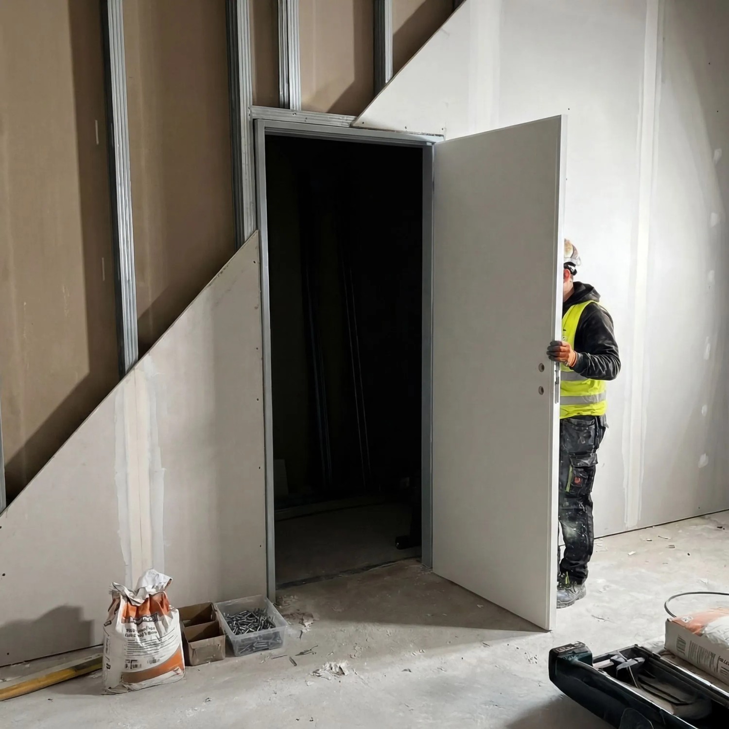Wandbündiges, weißes Tür-Komplettset (76x201 cm) mit Zarge im Rohbau.