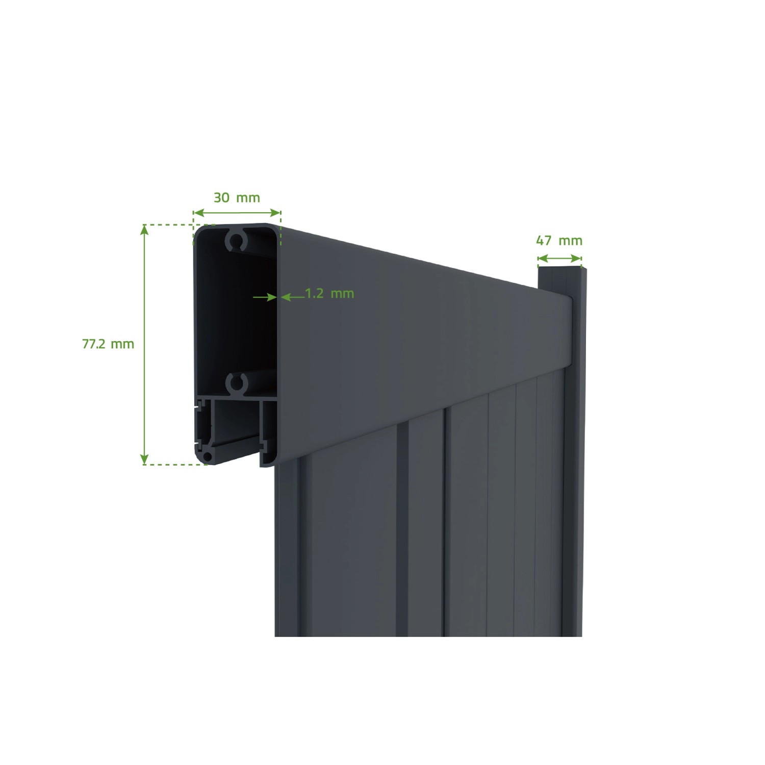 Detailaufnahme: Casanoov Flügeltor Giona, graues Aluminium, Maße der Pfosten sichtbar.