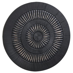 Rundes, zweifarbiges Kobolo Wandbild PUNE aus Holz in Schwarz und Gold mit 3D-Struktur.