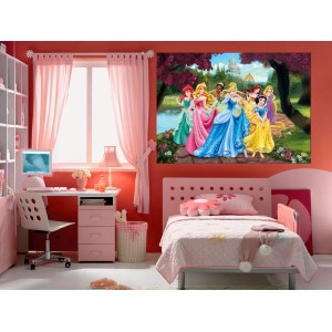 Disney Prinzessinnen Fototapete in Rosa, Gelb und Blau (160x110 cm) im Kinderzimmer.