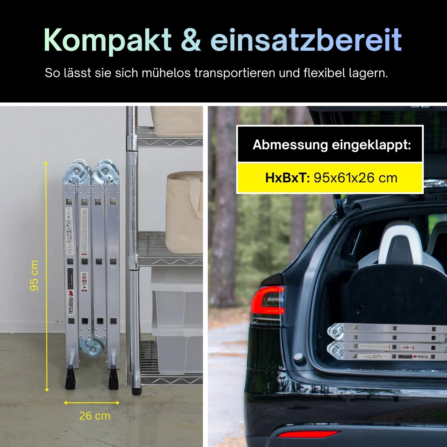 PROREGAL Sprossen-Mehrzweckleiter MULTISTEP aus Aluminium, zusammengeklappt 95x61x26 cm, im Kofferraum verstaut.