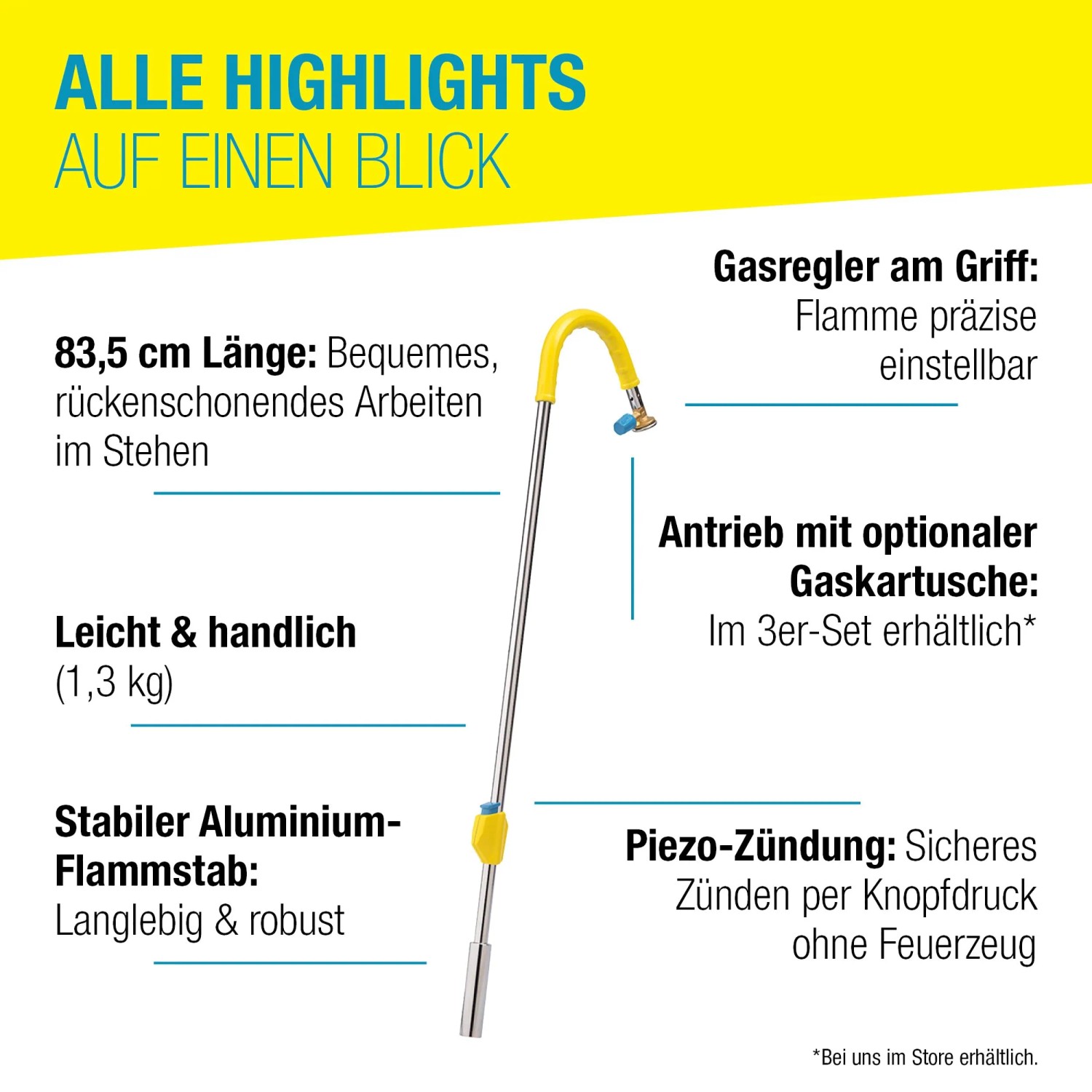 Gloria Thermoflamm bio Classic Plus Unkrautbrenner mit Gaskartusche, gelber Griff, Aluminiumstab.