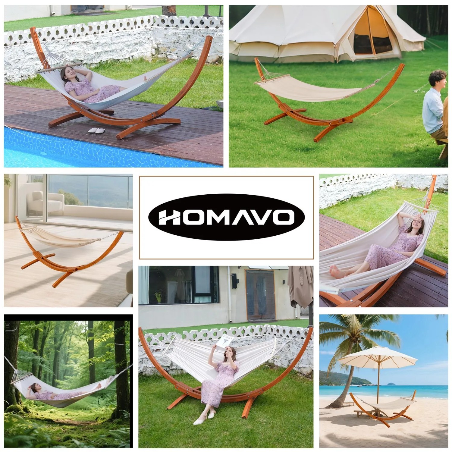 HOMAVO Hängematte mit Holzgestell, beige, für Garten, Balkon oder Camping. Zwei Liegeflächen inklusive.