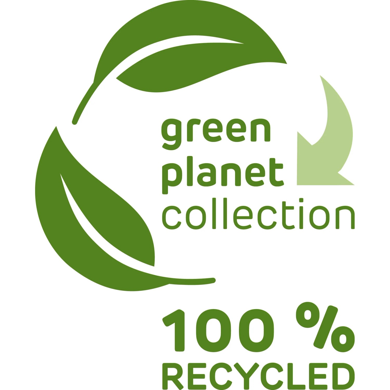 Green Planet Collection Logo: Zwei Blätter und ein Pfeil, "100% Recycled".