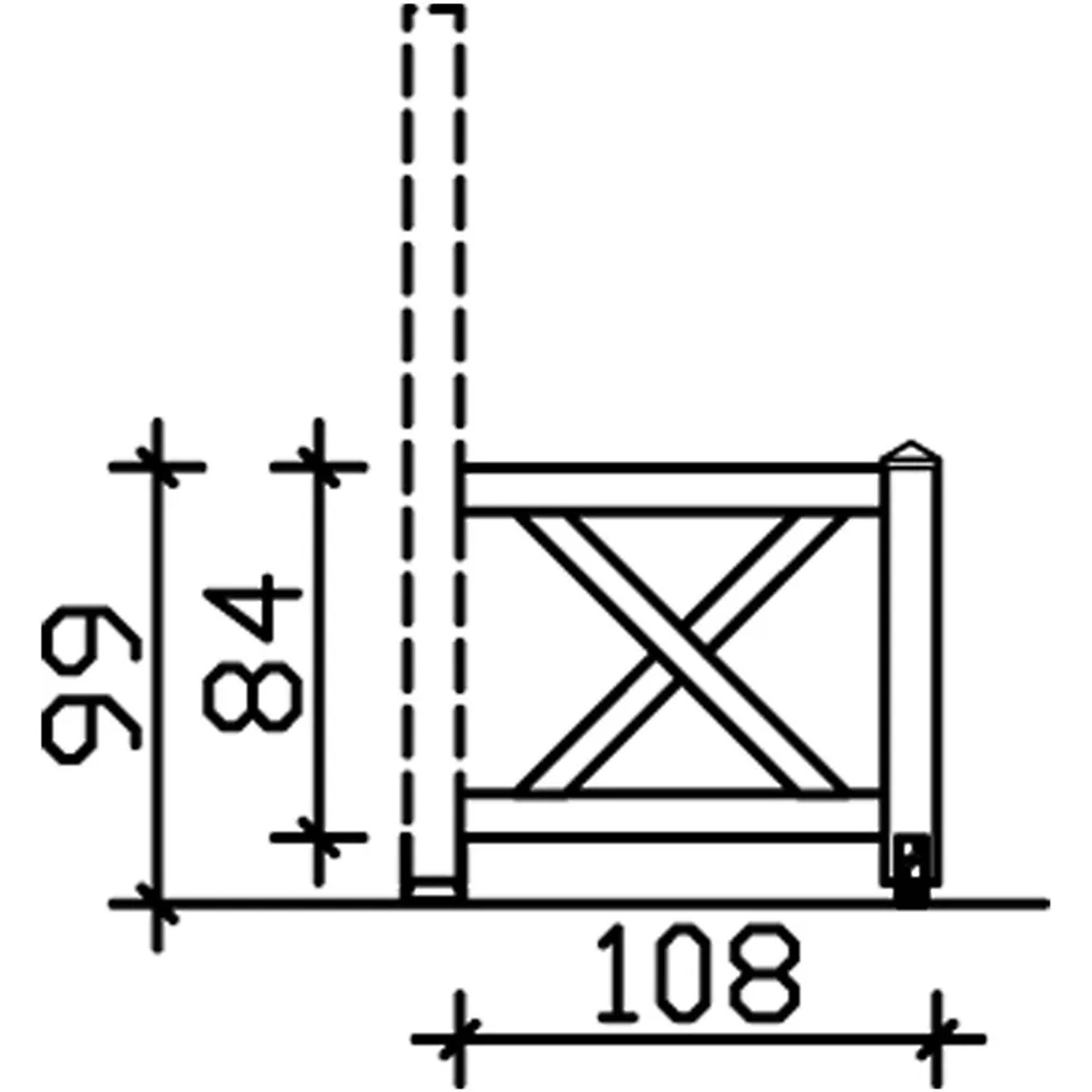 Technische Zeichnung: Skan Holz Brüstung Andreaskreuz, 108x84 cm, Fichte, Schiefergrau, Maße