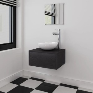 vidaXL Badmöbel-Set, 3-teilig, schwarz, mit Waschbecken und Spiegel. Modernes Design für Ihr Badezimmer.