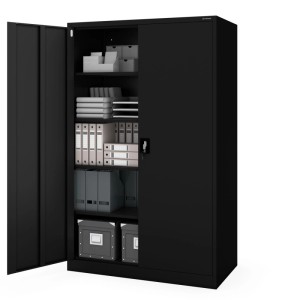 Schwarzer Jan Nowak Metall-Büroschrank JAN II D600 mit geöffneter Tür und Ordnern.