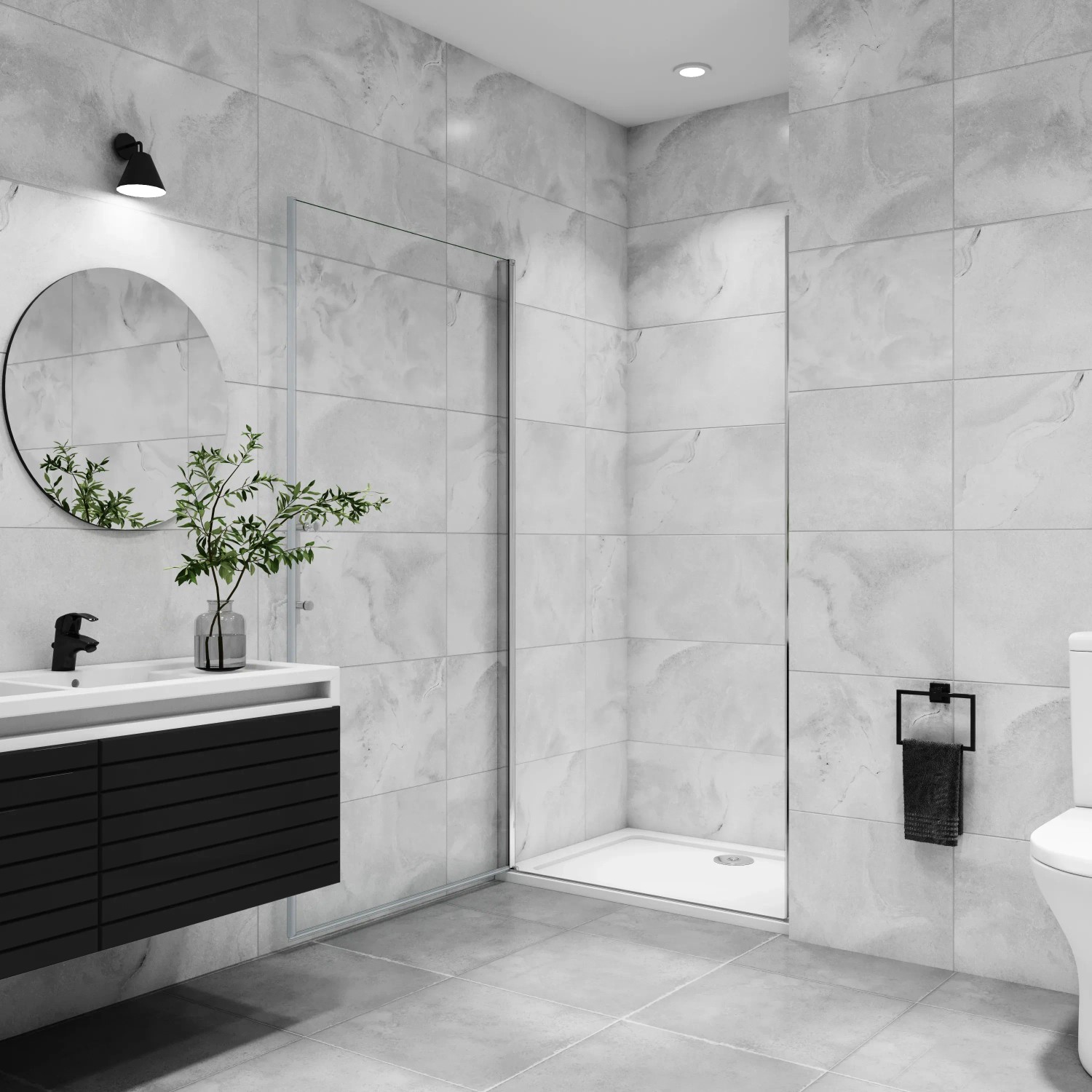 AICA Nischentür 70x180 cm mit Drehtür aus Klarglas in moderner Badumgebung.