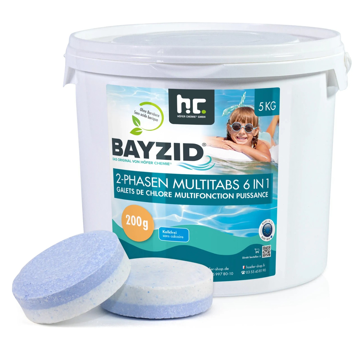 Bayzid 6in1 Multitabs, 2 x 5kg Eimer mit blauen und weißen Chlortabletten zur Poolreinigung.