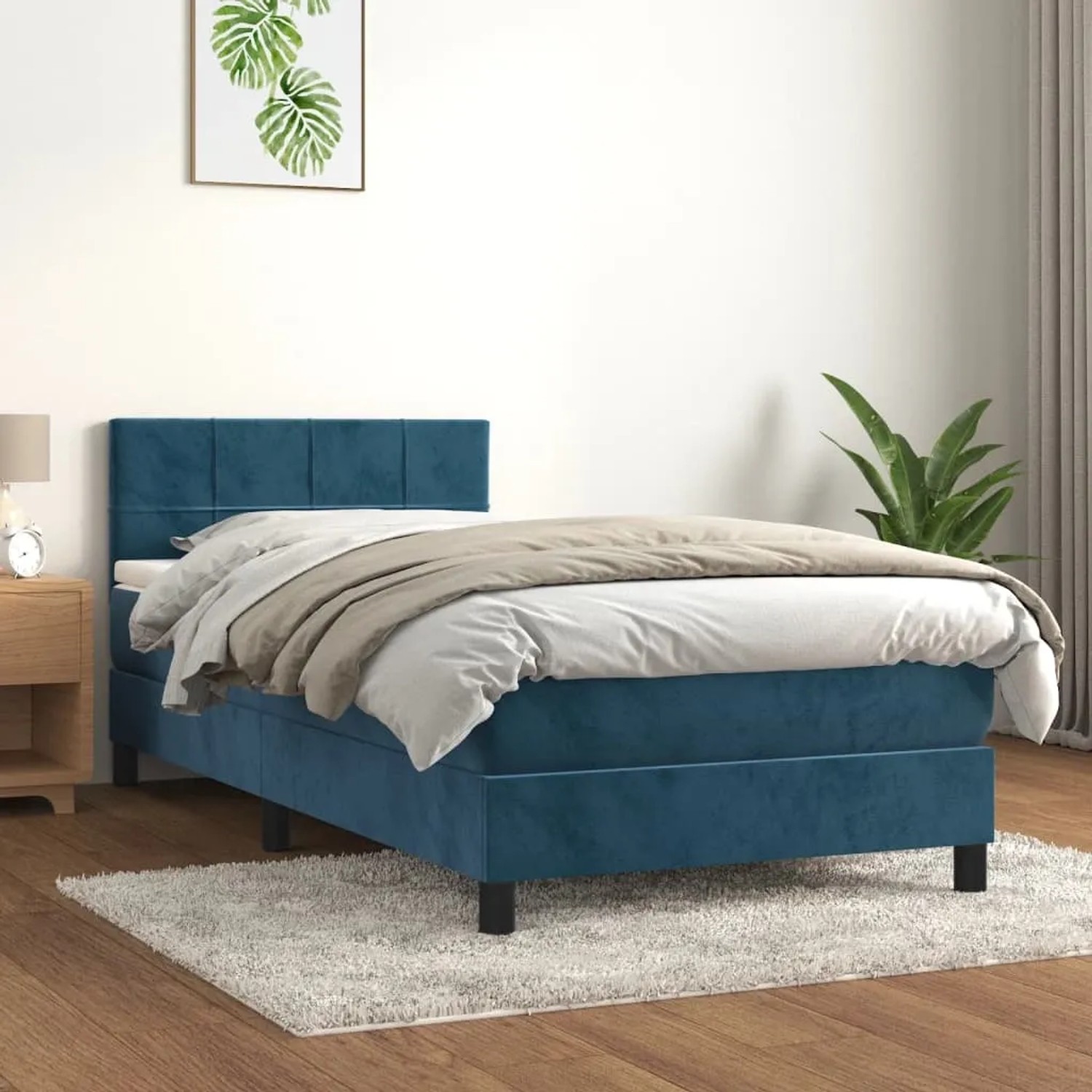 Dunkelblaues vidaXL Boxspringbett (90x200 cm) mit Samtbezug, inklusive Matratze und Topper.