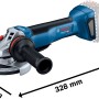 Bosch Professional GWS 18V-10 Akku-Winkelschleifer mit Akku, Seitenansicht mit Maßangaben.