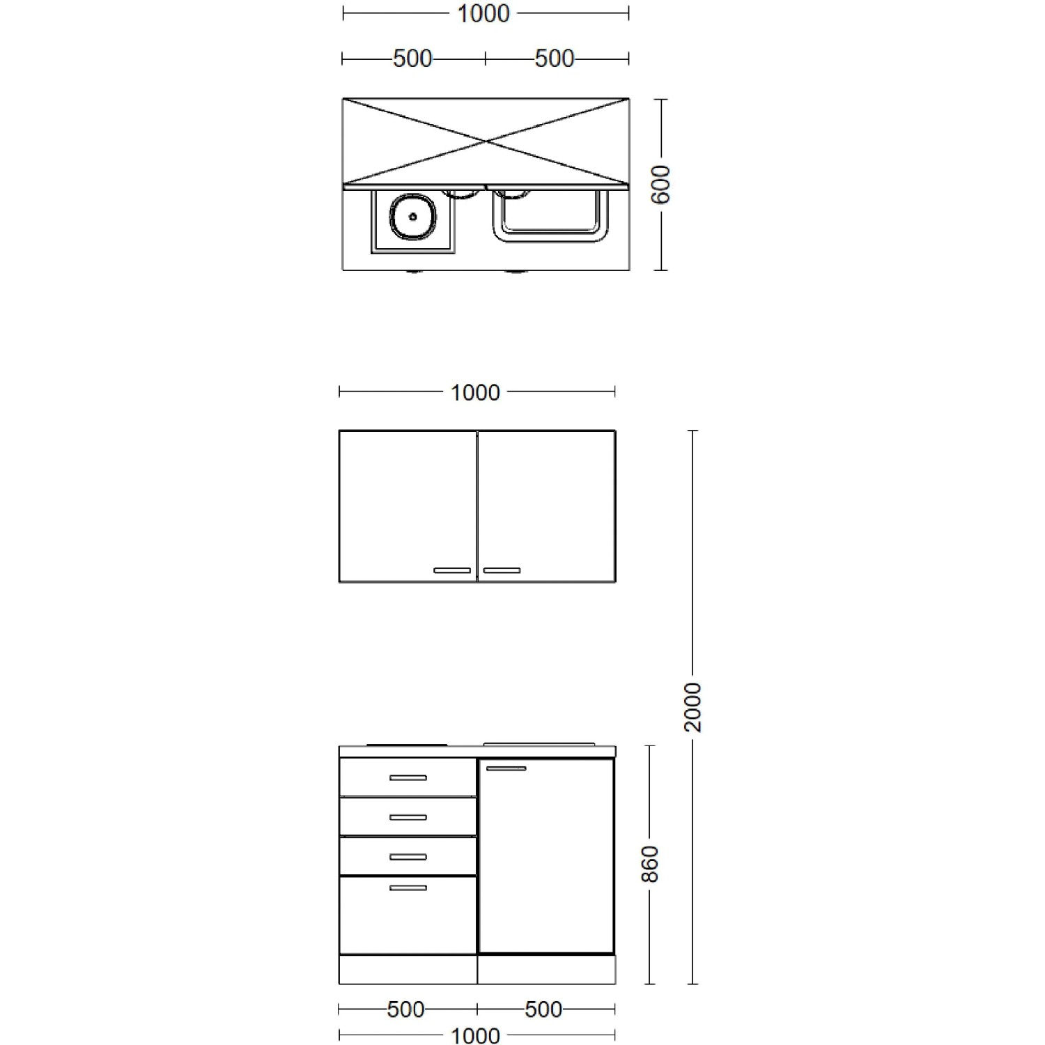 Technische Zeichnung der Flex-Well Miniküche Joelina, 100 cm, in Weiß matt und Beton Grau mit Maßen.