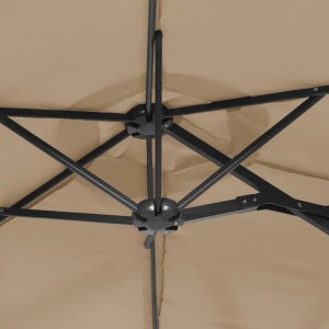 Detailansicht des furnicato Doppelsonnenschirms in Taupe, Fokus auf das Gestell.