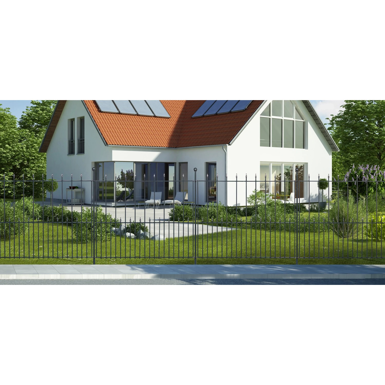 Anthrazitfarbene Floraworld Dekor-Zaunmatte Chaussee vor einem Haus mit Garten.