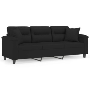 Schwarzes 3-Sitzer Sofa (180 cm) mit Kissen, Mikrofasergewebe. Modernes Design für Wohnzimmer.