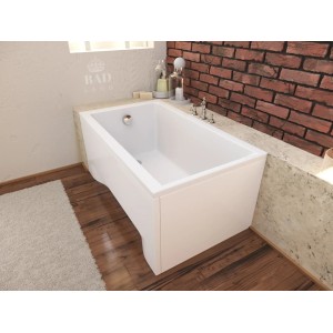 Weiße Rechteck-Badewanne CAPRI 120x70 aus Acryl mit Ablauf und Füßen im modernen Bad.