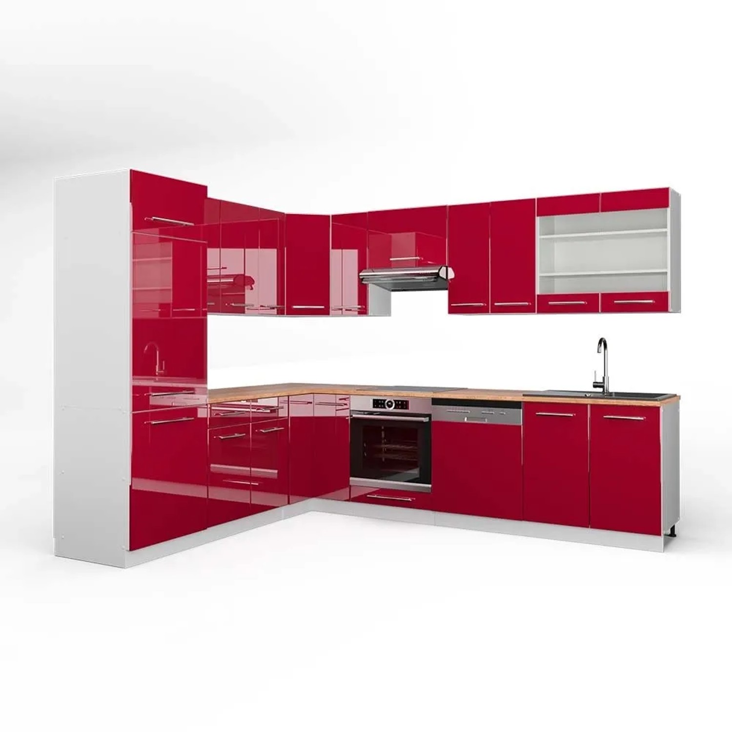 Vicco Eckküche Fame-Line Bordeaux Hochglanz/Weiß 287 x 82, AP Eiche