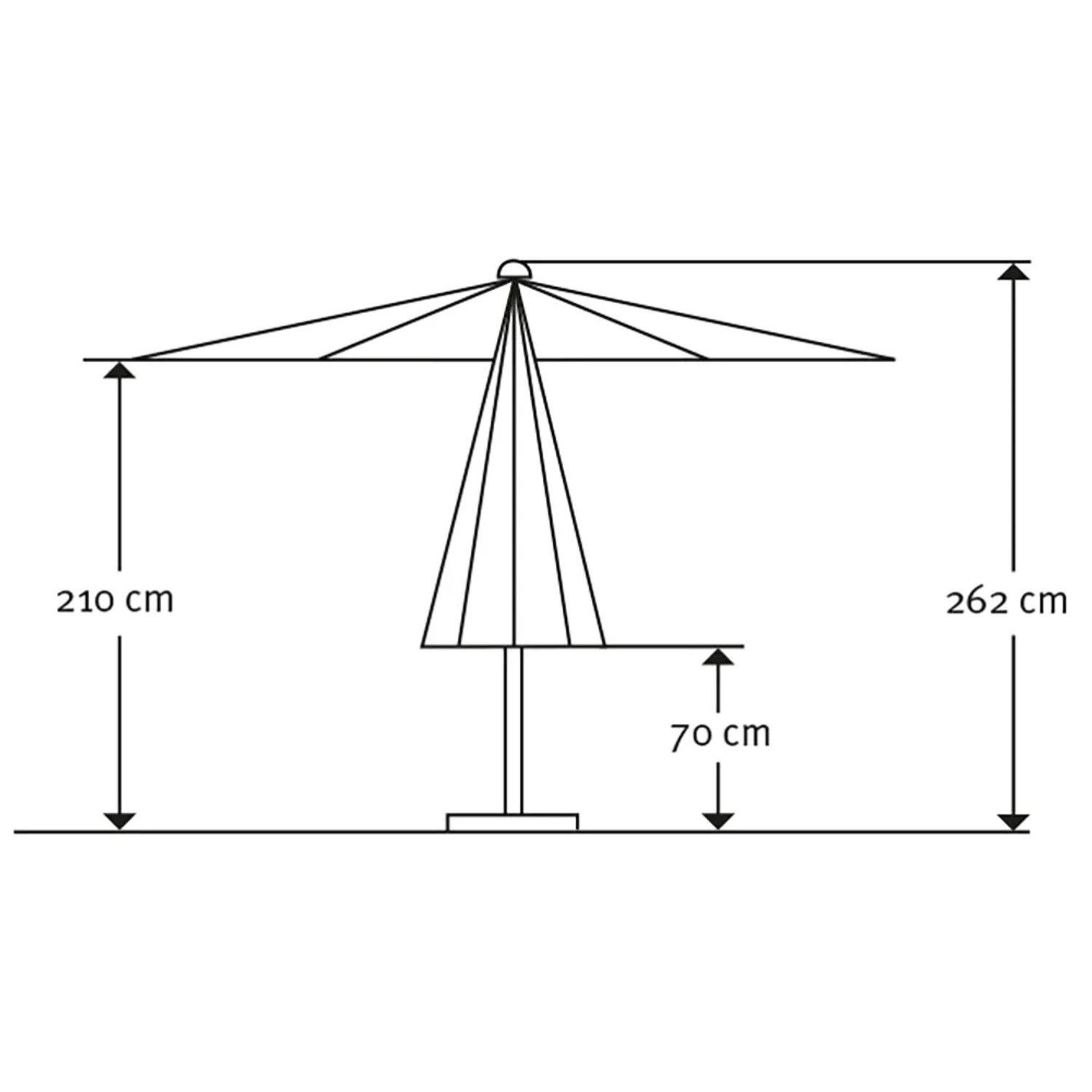 Skizze Marktschirm Gemini, Ø 360 cm, mit Maßangaben zu Höhe und Breite.