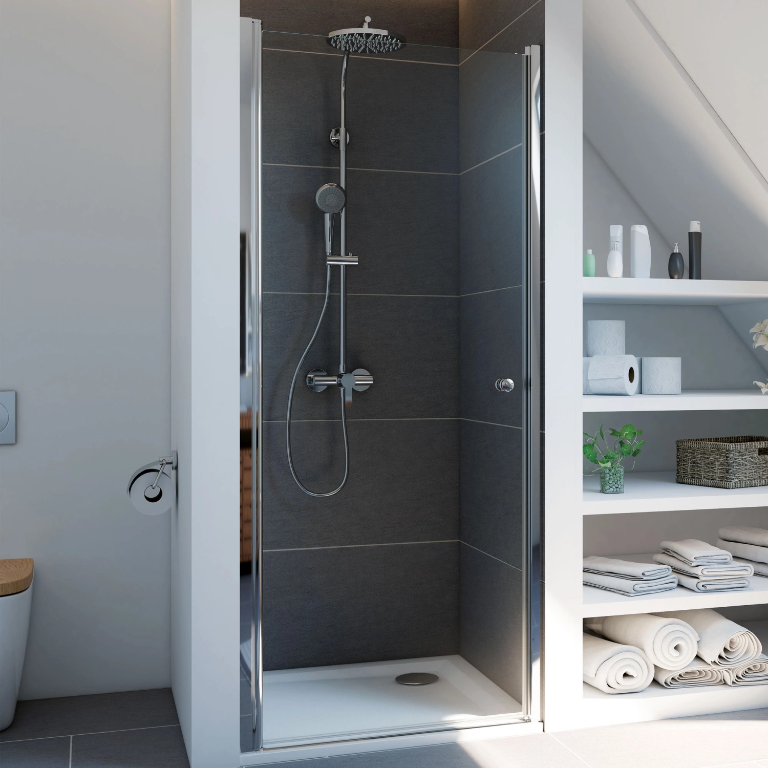 Breuer Elana Drehtür Nische links, 80 cm, Silber Matt Klarglas mit Bogengriff. Duschtür im Badezimmer.