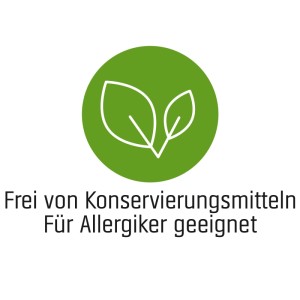 Symbol: Wandfarbe Arcticweiss, frei von Konservierungsmitteln, für Allergiker geeignet.