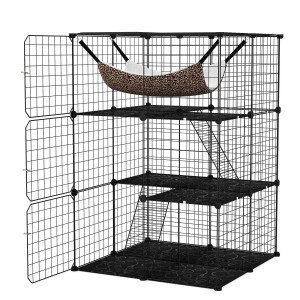 Schwarzer Costway Katzenkäfig, 3-stöckig mit Hängematte und Kletterleiter.