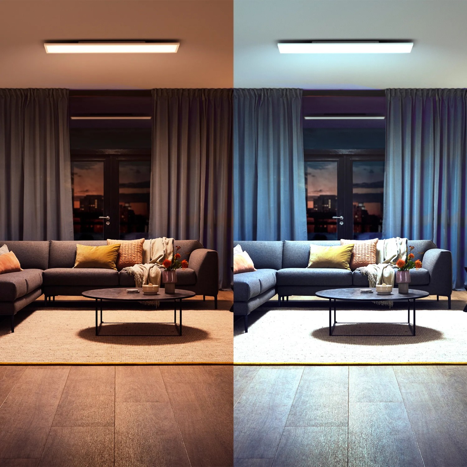 Philips Hue Aurelle LED-Panel, 120x30 cm, Weiß, mit warmweißem und kaltweißem Licht in Wohnraum.