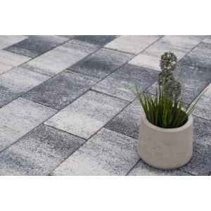 Diephaus Aquadrain Permea Pflastersteine, 30x20 cm, weiß-schwarz, mit Pflanze im Topf.