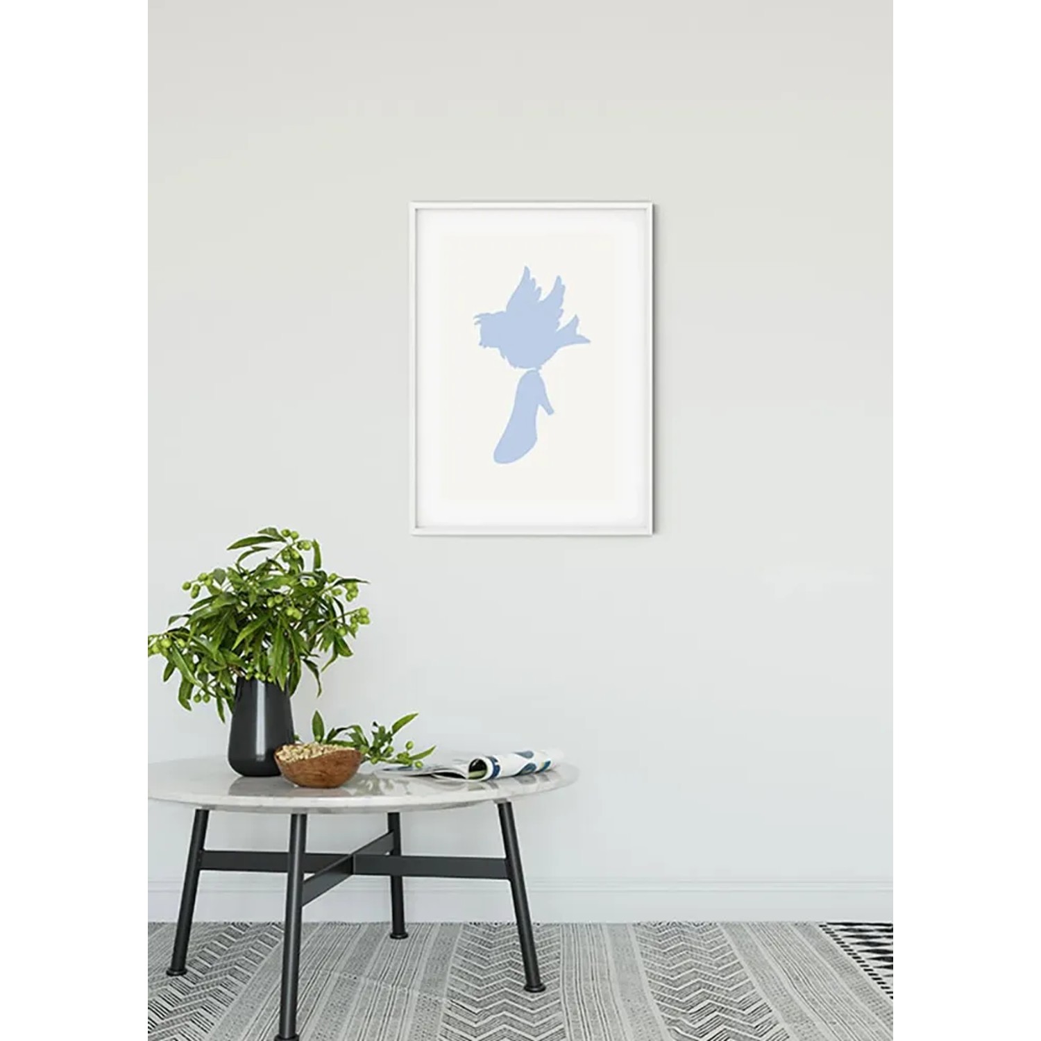 Komar Wandbild Cinderella Bird, 50x70 cm, mit hellblauem Vogelmotiv im weißen Rahmen.