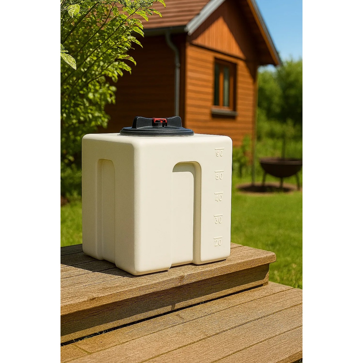 Weißer KMND 60L Kubus Trinkwasser Wassertank aus PE mit Füllstandsanzeige auf Holzstufen im Garten.