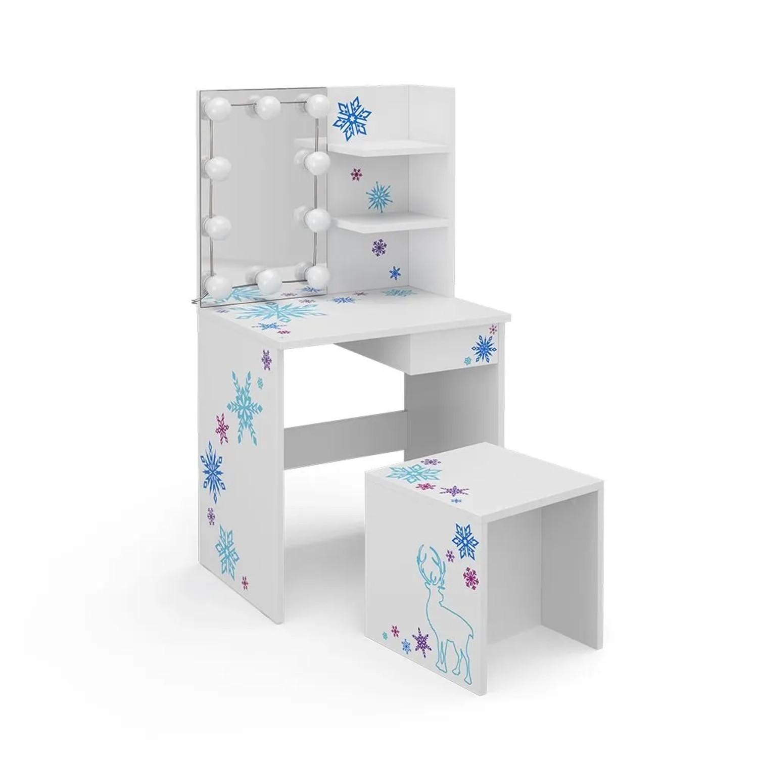 Vicco Kinder Schminktisch Schneeflocke Weiß 55 x 103 mit Spiegel, LED-Lichterkette und Bank