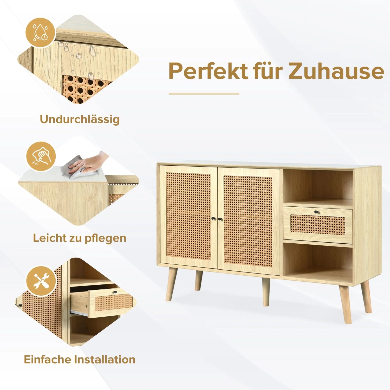 Merax Sideboard 120x40x80 cm Eiche Rattan 1 Schublade 2 Türen Verstellbare Ablagen_6