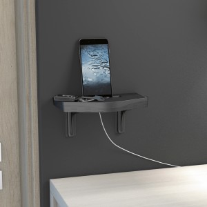 Schwarze D-Line Kabel-Organizer-Ablage mit Smartphone an grauer Wand. Kabelkanal mit integriertem Kabelmanagement.