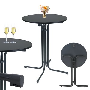 Klappbarer, anthrazitfarbener TRUTZHOLM Stehtisch mit Stahlgestell und runder Tischplatte.